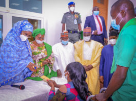 (L-R) The Honourable Minister of Humanitarian Affairs, Disaster Management and Social Development, Sadiya Umar Farouq, The Honourable Minister of Women Affairs, Dame Paulline Tallen, The Executive Governor of Pleatue State, His Excellence Simon Bako Lalong, The Chairman House Committee on Poverty Alliviation, Muhammed Salome, The Director General of NEMA, AVM, Muhammadu Mohammed. rtd, during the flag off for disbursement of the Conditional Cash Transfer to the vulnerable to mark The International Day for Rural Women at the Pleatue State Government House on, October, 15th 2020.