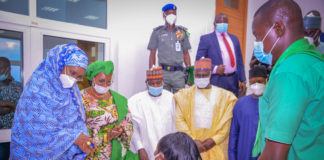 (L-R) The Honourable Minister of Humanitarian Affairs, Disaster Management and Social Development, Sadiya Umar Farouq, The Honourable Minister of Women Affairs, Dame Paulline Tallen, The Executive Governor of Pleatue State, His Excellence Simon Bako Lalong, The Chairman House Committee on Poverty Alliviation, Muhammed Salome, The Director General of NEMA, AVM, Muhammadu Mohammed. rtd, during the flag off for disbursement of the Conditional Cash Transfer to the vulnerable to mark The International Day for Rural Women at the Pleatue State Government House on, October, 15th 2020.