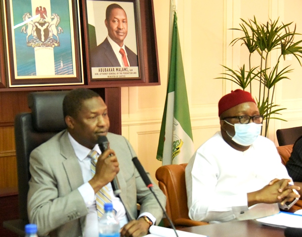 Honourable Attorney General Of The Federation /Minister Of Justice, Abubakar Malami, SAN, Giving His Opening Remarks And The Chairman, House Of Representatives Committee On Justice, Hon. Ugonna Ozurigbo, During The Oversight Visit Of The House Of Representative Committee On Justice , 19th October, 2020 At HAGF’s Conference Room. Honourable Attorney General Of The Federation /Minister Of Justice, Abubakar Malami, SAN, Giving His Opening Remarks And The Chairman, House Of Representatives Committee On Justice, Hon. Ugonna Ozurigbo, During The Oversight Visit Of The House Of Representative Committee On Justice , 19th October, 2020 At HAGF’s Conference Room.