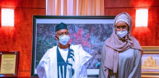 (L-R) The Executive Governor of Kaduna State, His Excellency, Mal. Nasiru Elrufai, and The Honourable Minister of Humanitarian Affairs, Disaster Management and Social Development, Sadiya Umar Farouq, during a courtesy visit to the Governor for the handover of relief items and food palliatives to the victims of flood in the State, Friday 09, 2020