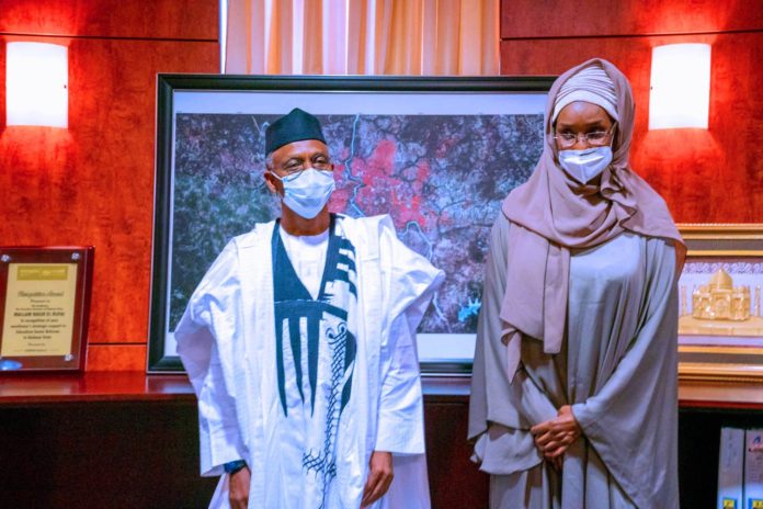 kaduna (L-R) The Executive Governor of Kaduna State, His Excellency, Mal. Nasiru Elrufai, and The Honourable Minister of Humanitarian Affairs, Disaster Management and Social Development, Sadiya Umar Farouq, during a courtesy visit to the Governor for the handover of relief items and food palliatives to the victims of flood in the State, Friday 09, 2020