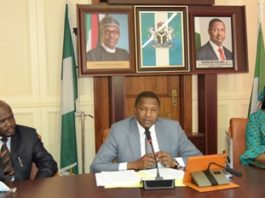 L-R Honourable Attorney General Of The Federation/Minister Of Justice, Abubakar Malami, San, Special Assistance To The President On Justice Reform & International Relations, Barr. Juliet Ibekaku-Nwagwu Right Special Assistance To The President On Media And Public Relations In The Office Of The Attorney General Of The Federation And Minister Of Justice, Dr. Umar Jubrilu Gwandu At The Virtual Meeting Of The Committee On The Development Of A National Arbitration Policy, Held 13th October, 2020 At Hagf’s Conference Room