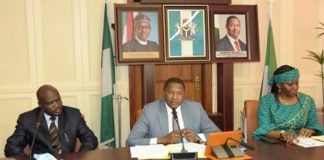 L-R Honourable Attorney General Of The Federation/Minister Of Justice, Abubakar Malami, San, Special Assistance To The President On Justice Reform & International Relations, Barr. Juliet Ibekaku-Nwagwu Right Special Assistance To The President On Media And Public Relations In The Office Of The Attorney General Of The Federation And Minister Of Justice, Dr. Umar Jubrilu Gwandu At The Virtual Meeting Of The Committee On The Development Of A National Arbitration Policy, Held 13th October, 2020 At Hagf’s Conference Room