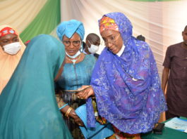 (FROM RIGHT) THE HONOURABLE MINISTER OF FEDERAL MINISTRY OF HUMANITARIAN AFFAIRS, DISASTER MANAGEMENT AND SOCIAL DEVELOPMENT, SADIYA UMAR FAROUQ, MINISTER OF WOMEN AFFAIRS AND SOCIAL DEVELOPMENT, DAME PUALINE TALLEN, THE FIRST LADY OF GOMBE STATE, HAJIYA ASMAU INUWA YAHAYA, DURING THE FLAG OFF OF FEDERAL GOVERNMENT GRANT PROJECT FOR RURAL WOMEN IN GOMBE STATE, HELD AT THE BANQUET HALL OF GOMBE INTERNATIONAL HOTEL GOMBE STATE, ON THE 12TH OF NOVEMBER 2020. PHOTO: KHALID AHMED