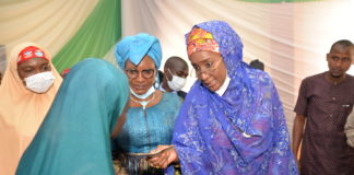 (FROM RIGHT) THE HONOURABLE MINISTER OF FEDERAL MINISTRY OF HUMANITARIAN AFFAIRS, DISASTER MANAGEMENT AND SOCIAL DEVELOPMENT, SADIYA UMAR FAROUQ, MINISTER OF WOMEN AFFAIRS AND SOCIAL DEVELOPMENT, DAME PUALINE TALLEN, THE FIRST LADY OF GOMBE STATE, HAJIYA ASMAU INUWA YAHAYA, DURING THE FLAG OFF OF FEDERAL GOVERNMENT GRANT PROJECT FOR RURAL WOMEN IN GOMBE STATE, HELD AT THE BANQUET HALL OF GOMBE INTERNATIONAL HOTEL GOMBE STATE, ON THE 12TH OF NOVEMBER 2020. PHOTO: KHALID AHMED