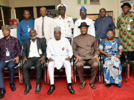 Honourable Minister of State, Labour and Employment, Festus Keyamo SAN (2nd right); Permanent Secretary, Federal Ministry of Labour, Dr Yerima Peter Tarfa (3rd right); Director, Occupational Safety and Health, Mrs. Lauretta Nneka Adogu (right); Chief Inspector of Diving, Julius Orireme Ugwala and other Board members during the inauguration of Diving Governing Board in Abuja