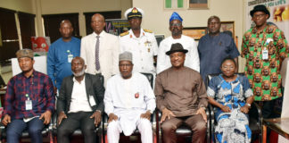 Honourable Minister of State, Labour and Employment, Festus Keyamo SAN (2nd right); Permanent Secretary, Federal Ministry of Labour, Dr Yerima Peter Tarfa (3rd right); Director, Occupational Safety and Health, Mrs. Lauretta Nneka Adogu (right); Chief Inspector of Diving, Julius Orireme Ugwala and other Board members during the inauguration of Diving Governing Board in Abuja