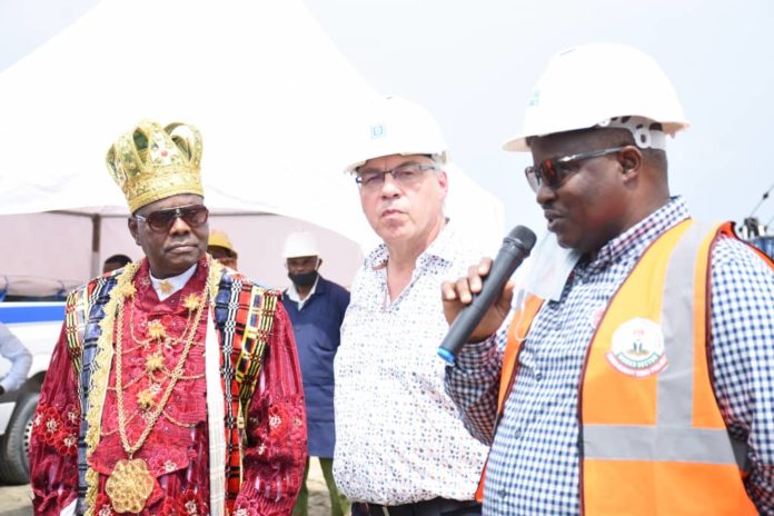 L-R : His Royal Highness Sir (Dr) Benson .M. Egwere , JP (King Oruk XVII) Project Manager Thomas Haug and Director Highways , Bridges & Development of FMW&H Engr. Omotayo Awosanya at the inspection