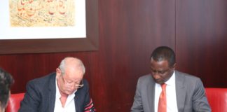 Minister of State, Mines and Steel Development Dr Uchechukwu Sampson Ogah with Chairman, La- Mancha Holdings Incorporated, Naguib Sawiris during the signing ceremony of the Expression of Interest in Cairo, Egypt, recently.
