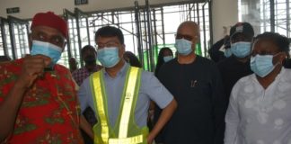 Minister of Transportation Mr Rotimi Amaechi; Project Manager China Civil Engineering Construction Corporation (CCECC), Mr Li Depeng, Director of Budget Office of the Federation, Mr Benjamin Akabueze, and Permanent Secretary Ministry of Transport Dr Magdalene Ajani during of the inspection Lagos-Ibadan rail project