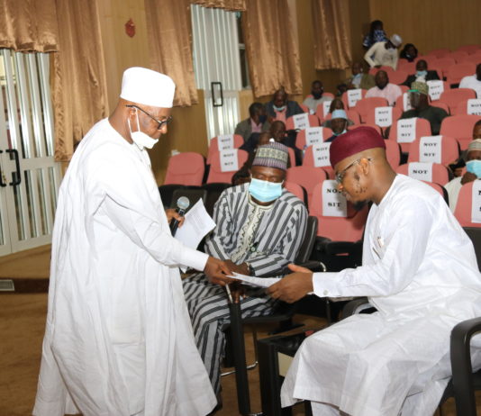 R-L: Minister of Communications & Digital Economy, Dr. Isa Ali Ibrahim Pantami, Permanent Secretary, Mr. Musa Istifanus and Director Human Resource Management; El Baff Mahdi during the Ministerial retreat organized by the Ministry for directorate cadre staff.