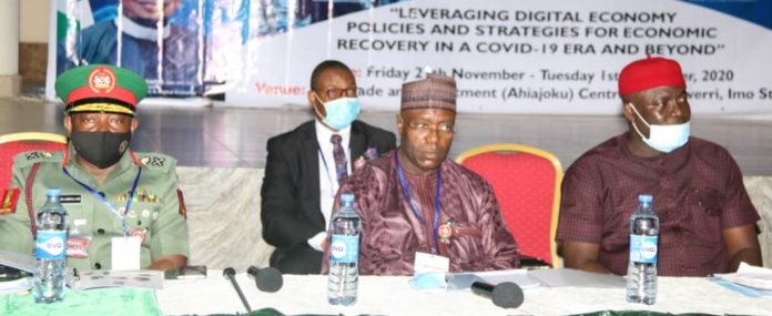 Representative of Chief of Defence Staff, Major General G.T. Abdullahi, Permanent Secretary, Federal Ministry of Communications and Digital Economy, Mr Musa Istifanus and Hon. Commissioner for Science and Technology, Hon. Ikechukwu Sunday during the ongoing 8th National Council on Communications and Digital Economy