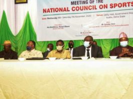 first right. HM, Sunday Dare, rep of Delta State Governor, Commissioner Youth Development, Comrade Ifeanyi Michael Egwunyenga, Deputy Gov. Edo state, Hon. Philip Shaibu, Delta state Chairman Sports Commission, Hon. Tonobok Okowa and President. PCN, Brig. Gen. Emiko Eruwa