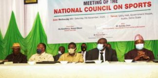 first right. HM, Sunday Dare, rep of Delta State Governor, Commissioner Youth Development, Comrade Ifeanyi Michael Egwunyenga, Deputy Gov. Edo state, Hon. Philip Shaibu, Delta state Chairman Sports Commission, Hon. Tonobok Okowa and President. PCN, Brig. Gen. Emiko Eruwa
