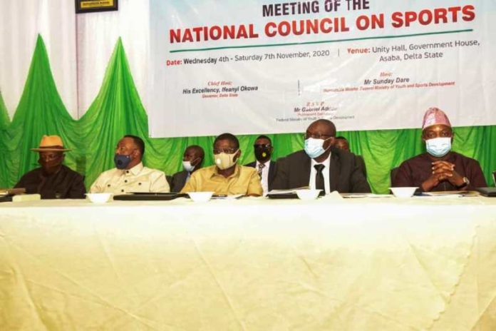 first right. HM, Sunday Dare, rep of Delta State Governor, Commissioner Youth Development, Comrade Ifeanyi Michael Egwunyenga, Deputy Gov. Edo state, Hon. Philip Shaibu, Delta state Chairman Sports Commission, Hon. Tonobok Okowa and President. PCN, Brig. Gen. Emiko Eruwa