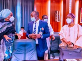 (L-R) The Honourable Minister of Humanitarian Affairs, Disaster Management and Social Development, Sadiya Umar Farouq; The Honourable Minister of Sports and Youth Development, Sunday Dare and The Honourable Minister of Interior, Rauf Aregbesola during the Federal Executive Council (FEC) Meeting held at the State House on Wednesday Nov 25, 2020
