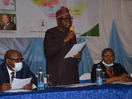 The Honourable Minister of State, Ministry of Niger Delta Affairs, Senator Omotayo Alasoadura delivering his keynote address at the Pre-Council Seminar of the 4th National Council on Niger Delta held in Port Harcourt, Rivers State on Monday, December 14, 2020.