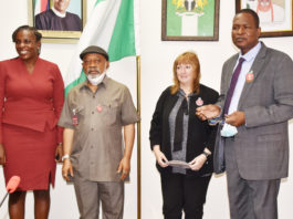 The Honourable Minister of Labour and Employment, Dr Chris Ngige (2nd left); Permanent Secretary, Federal Ministry of Labour and Employment, Dr Yerima Peter Tarfa (right); Deputy Chief of Mission Embassy of the USA, Kathleen FitzGibbon and USA Labour Attache, Carolyn Parker during a courtesy visit to the Ministry