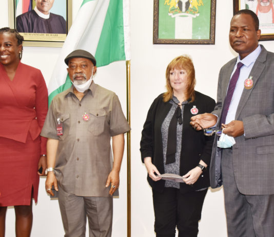 The Honourable Minister of Labour and Employment, Dr Chris Ngige (2nd left); Permanent Secretary, Federal Ministry of Labour and Employment, Dr Yerima Peter Tarfa (right); Deputy Chief of Mission Embassy of the USA, Kathleen FitzGibbon and USA Labour Attache, Carolyn Parker during a courtesy visit to the Ministry