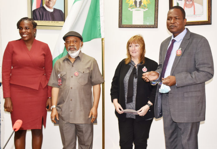 The Honourable Minister of Labour and Employment, Dr Chris Ngige (2nd left); Permanent Secretary, Federal Ministry of Labour and Employment, Dr Yerima Peter Tarfa (right); Deputy Chief of Mission Embassy of the USA, Kathleen FitzGibbon and USA Labour Attache, Carolyn Parker during a courtesy visit to the Ministry