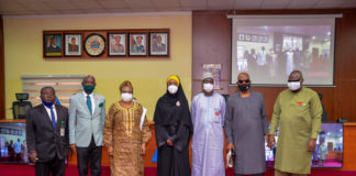 (Middle) The Honorable Minister, Humanitarian Affairs, Disaster Management and Social Development, Sadiya Umar Farouq,(From R) Special Assistant to the Minister on Special Needs, Office of the Honourable Minister, Danjuma Attach, Director Human Resource Management, Abdulrahman Babatunde Jaji, Director Humanitarian Affairs, Grema Ali Alhaji, Director Special Needs, Mrs Onwukwue Nkechi Florence, Director Finance and Account, Mathew Dada, Director Legal, Garba Haganawega, During the press briefing organized to mark the 2020 International Day for Persons With Disabilities, at the Nigerian Army Resource Centre, Abuja, on 1st December, 2020. Photo Khalid Ahmed.