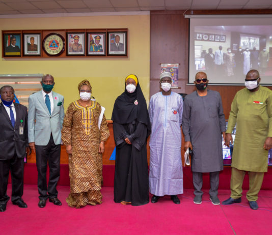 (Middle) The Honorable Minister, Humanitarian Affairs, Disaster Management and Social Development, Sadiya Umar Farouq,(From R) Special Assistant to the Minister on Special Needs, Office of the Honourable Minister, Danjuma Attach, Director Human Resource Management, Abdulrahman Babatunde Jaji, Director Humanitarian Affairs, Grema Ali Alhaji, Director Special Needs, Mrs Onwukwue Nkechi Florence, Director Finance and Account, Mathew Dada, Director Legal, Garba Haganawega, During the press briefing organized to mark the 2020 International Day for Persons With Disabilities, at the Nigerian Army Resource Centre, Abuja, on 1st December, 2020. Photo Khalid Ahmed.