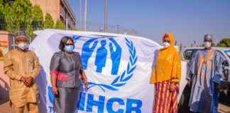 (2nd R) The Honourable Minister of Humanitarian Affairs, Disaster Management and Social Development, Sadiya Umar Farouq, (2nd L) Country Representative United Nations High Commissioner for Refugees in Nigeria, Mme Chansa Kapaya, (1st R) Director Humanitarian Affairs of the Ministry, Ali Grema, (1st L) Representative of Hon. Federal Commissioner for Refugees, Migrants and Internally Displaced Persons, Ejibunu Tai Hassan, during the handing over of vehicles to the Federal government by UNHCR, in Abuja. Photo by Khalid Ahmed.