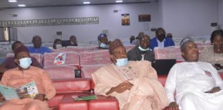 The Representative of the Permanent Secretary, Director, Farms Inputs Support Services, Engr. Tunde Bello, Chairman, House of representatives, Committee on Agricultural Colleges and Institutions, Hon. Munir Dan Agundi and Director, Federal Department of Agricultural Extension, Engr Frank Kudla, representing the Hon. Minister, during the the Sensitization Workshop on the Revitalization of Agricultural Extension in Nigeria