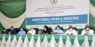 (4th R) The Honourable Minister of Humanitarian Affairs, Disaster Management and Social Development, Sadiya Umar Farouq, (5th R) The Honorable Minister of State, Science and Technology, Muhammed Abdullahi, (1st R) Member House of Rep, (2nd R) Chairman Senate Committee on Poverty Eradication, (3rd R)Permanent Secretary, Humanitarian Affairs, Disaster Management and Social Development, Bashir Nura Alkali, (From Left) NEDC representative, Musa Yashi, Chairman House Committee on Internally Displaced Persons(IDP), Hon. Muhammed Jeda, Director General, National Emergency Management Agency( NEMA) Mohammed Mohammad, during the 2020 Ministerial Press Briefing on Activities/Programmes of the Ministry, 30th November, 2020, at the National Press Centre, Radio House, Abuja. Photo: Khalid Ahmed.
