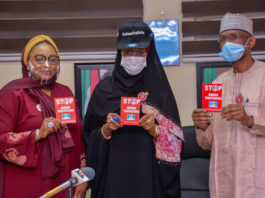 (Middle) The Honourable Minister of Humanitarian Affairs, Disaster Management and Social Development, Sadiya Umar Farouq, (Right) The permanent Secretary of the Ministry, Bashir Nura Alkali, (Left) The Director General of the National Agency for the Prohibition of Trafficking in Persons (NAPTIP), Imaan Sulaiman – Ibrahim, during the courtesy visit of NAPTIP to the Ministry, on the 11th January, 2021. In Abuja. Photo: Khalid Ahmed.