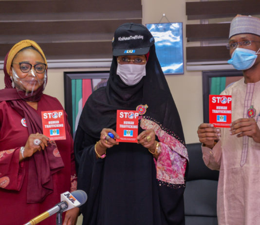 (Middle) The Honourable Minister of Humanitarian Affairs, Disaster Management and Social Development, Sadiya Umar Farouq, (Right) The permanent Secretary of the Ministry, Bashir Nura Alkali, (Left) The Director General of the National Agency for the Prohibition of Trafficking in Persons (NAPTIP), Imaan Sulaiman – Ibrahim, during the courtesy visit of NAPTIP to the Ministry, on the 11th January, 2021. In Abuja. Photo: Khalid Ahmed.