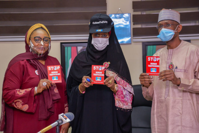HM FMHDSD Mmeeting with NAPTIP DG (Middle) The Honourable Minister of Humanitarian Affairs, Disaster Management and Social Development, Sadiya Umar Farouq, (Right) The permanent Secretary of the Ministry, Bashir Nura Alkali, (Left) The Director General of the National Agency for the Prohibition of Trafficking in Persons (NAPTIP), Imaan Sulaiman – Ibrahim, during the courtesy visit of NAPTIP to the Ministry, on the 11th January, 2021. In Abuja. Photo: Khalid Ahmed.