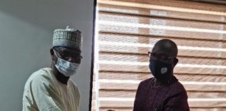 Engr. Festus Yusufu Daudu of the Federal Ministry of Communications and Digital Economy and Permanent Secretary, Political and Economic Affairs, Mr. Andrew David Adejo at the conference room of the Political and Economy Affairs Office of OSGF, Shagari House.