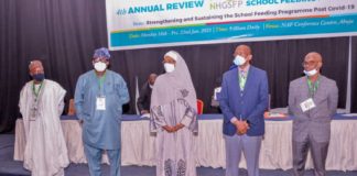 (Middle) The Honourable Minister of Humanitarian Affairs, Disaster Management and Social Development, Sadiya Umar Farouq, (2nd Right) The Permanent Secretary of the Ministry, Bashir Nura Alkali, (1st Right) S.A to the President on National Social Investment Programme (NSIP), Dr Mohammed Nasir Mahmoud, (1st Left), Senior Special Adviser to The Honourable Minister of Humanitarian Affairs, Disaster Management and Social Development, Dr. Engr. Umar Bindu, (2nd Left), State Focal Person Ekiti State, Victor Kolade, during the 4th Annual Review of the National Home Grown School Feeding Programme, held at NAF Centre, Abuja, on the 18th January, 2021.