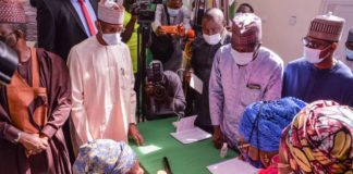 (3rd Left) Representative of the Honourable Minister of Humanitarian Affairs, Disaster Management and Social Development, the Permanent Secretary of the Ministry, Bashir Nura Alkali, (2nd Right) the Deputy Governor of Kaduna State, Her Excellency, Dr Hadiza Sabuwa Balarabe, (2nd Left), Honourable Yusuf Ibrahim Zailani, Speaker Kaduna State House of Representatives, (1st left) a beneficiary, Zainab Abdullazeez, during the flag off of Federal Government Cash Grant for Rural Women : Khalid Ahmed.