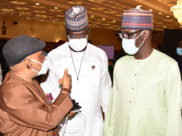 Honourable Minister, Labouber and Employment Dr. Chris Ngige , Honourable Minister of State for Petroleum,Timipreye Silva, and Group Managing Director NNPC, Mele Kayri in a photograph during the Bipartite meeting between the Federal Government Representatives and Ogranised Labour.