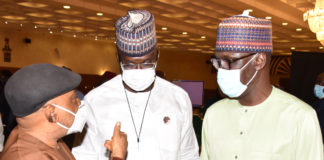 Honourable Minister, Labouber and Employment Dr. Chris Ngige , Honourable Minister of State for Petroleum,Timipreye Silva, and Group Managing Director NNPC, Mele Kayri in a photograph during the Bipartite meeting between the Federal Government Representatives and Ogranised Labour.