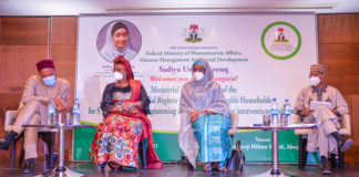(2nd Right) The Honourable Minister of Humanitarian Affairs, Disaster Management and Social Development, Sadiya Umar Farouq, (2nd Left) The Honorable Minister of Women Affairs, Dame Pauline Tallen, (1st Right) The Representative of the Honourable Minister of Communications and Digital Economy, DG National Identity Management Commission, Aliyu Aziz Abubakar, (1st Left) Minister of State for Education, Chukwuemeka Nwajiuba, during the Ministerial Dialogue on Use of The National Social Register of Poor and Vulnerable Households for Social Protection Programming and Poverty Reduction Interventions Nationawide, held at Transcorp Hilton Hotel, Abuja. On 16th February, 2021. Photo: Khalid Ahmed
