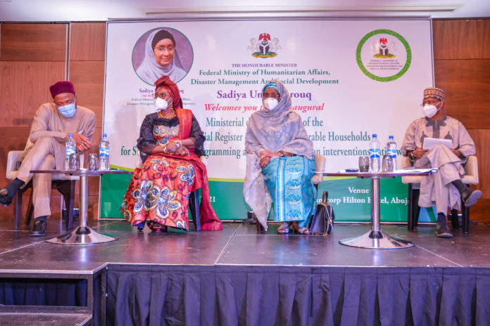 DSC_3576 (1) (2nd Right) The Honourable Minister of Humanitarian Affairs, Disaster Management and Social Development, Sadiya Umar Farouq, (2nd Left) The Honorable Minister of Women Affairs, Dame Pauline Tallen, (1st Right) The Representative of the Honourable Minister of Communications and Digital Economy, DG National Identity Management Commission, Aliyu Aziz Abubakar, (1st Left) Minister of State for Education, Chukwuemeka Nwajiuba, during the Ministerial Dialogue on Use of The National Social Register of Poor and Vulnerable Households for Social Protection Programming and Poverty Reduction Interventions Nationawide, held at Transcorp Hilton Hotel, Abuja. On 16th February, 2021. Photo: Khalid Ahmed