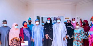 Fifth from the left is the Hon. Minister of Humanitarian Affairs, Sadiya Umar Farouq, 3rd left Adviser/ Focal Person NSIP Hon. Barr. Amina Musa Gu'ar, 1st left DG NEMA, AVM Basheer Muhammadu Muhammed, 2nd left, Perm. Sec. Women Affairs, Hajia Salamatu Aminu mini, 4tth left Minister of State Foreign Affairs Amb. Zubaru Dada, 6th left SSG Niger, Ibrahim Matani and others during the Flag- Off of the Federal Government special cash grant for Rural Women at Government House, Minna, Niger State.