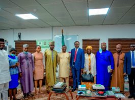 The Minister of State, Mines and Steel Development Dr Uchechukwu Sampson Ogah (middle) flanked at the (immediate right) by the Secretary, National Action Committee on African Continental Free Trade Area, (AFCFTA), Francis Anatogu and other members of his Team during a courtesy visit at the Minister's Headquarters in Abuja recently.