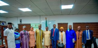 The Minister of State, Mines and Steel Development Dr Uchechukwu Sampson Ogah (middle) flanked at the (immediate right) by the Secretary, National Action Committee on African Continental Free Trade Area, (AFCFTA), Francis Anatogu and other members of his Team during a courtesy visit at the Minister's Headquarters in Abuja recently.
