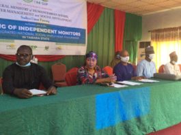 (1st left) Representative of the Honourable Minister of Humanitarian Affairs Disaster Management and Social Development, Sadiya Umar Farouq, Chief Administrative officer in the Ministry, Wiyeh Silas, (2nd left), Taraba State Focal Person, Beatrice Kichitna, (3rd left) Taraba State Director, NOA, N. B. Nyama, and others during the training of independent monitors for NSIP in Taraba State, 22nd February, 2021