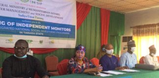 (1st left) Representative of the Honourable Minister of Humanitarian Affairs Disaster Management and Social Development, Sadiya Umar Farouq, Chief Administrative officer in the Ministry, Wiyeh Silas, (2nd left), Taraba State Focal Person, Beatrice Kichitna, (3rd left) Taraba State Director, NOA, N. B. Nyama, and others during the training of independent monitors for NSIP in Taraba State, 22nd February, 2021