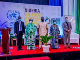 The minister of State, Budget and National Planning, Clem Agba(c) flanked by Minister of Finance Budget and National Planning, Mrs Zainab Ahmed (l), Perm Sec. Budget and National Planning, Mrs Olusola Idowu (r) and other dignitaries at the Food System Dialogue in Abuja.