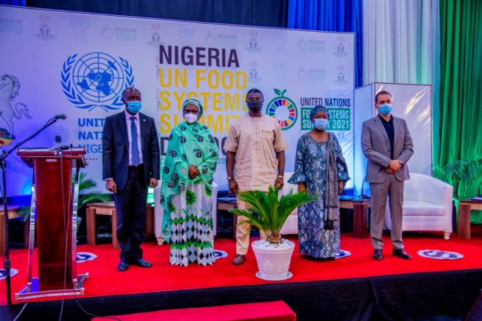 The minister of State, Budget and National Planning, Clem Agba(c) flanked by Minister of Finance Budget and National Planning, Mrs Zainab Ahmed (l), Perm Sec. Budget and National Planning, Mrs Olusola Idowu (r) and other dignitaries at the Food System Dialogue in Abuja. The minister of State, Budget and National Planning, Clem Agba(c) flanked by Minister of Finance Budget and National Planning, Mrs Zainab Ahmed (l), Perm Sec. Budget and National Planning, Mrs Olusola Idowu (r) and other dignitaries at the Food System Dialogue in Abuja.