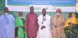 (3rd Right) Representative of the Honourable Minister of Humanitarian Affairs, Disaster Management and Social Development , Sadiya Umar Farouq, Dr. Umar Bindir , (2nd left) Mrs Hauwa Gadzama (2nd Right) Adamawa State Focal Person, Mary Yuwadi (1st Left) State Dïrector ,National Orientation Agency (NOA) Mohammed Bashi (1st Right) Programme Manager, Home Grown School Feeding, Hauwa Dattijo Hamaja, during the training of independent monitors for NSIP in Adamawa State, 25th February, 2021