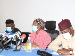 L-R: Special Assistant to the President on MSMEs, Mr. Tola Johnson; Minister of State for Industry, Trade and Investment, Amb. Mariam Yalwaji Katagum and Director- General, Small and Medium Enterprises Development Agency of Nigeria, (SMEDAN), Dr. Dikko Raddah during a Press Briefing on MSMEs Survival Fund in Abuja.