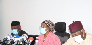 L-R: Special Assistant to the President on MSMEs, Mr. Tola Johnson; Minister of State for Industry, Trade and Investment, Amb. Mariam Yalwaji Katagum and Director- General, Small and Medium Enterprises Development Agency of Nigeria, (SMEDAN), Dr. Dikko Raddah during a Press Briefing on MSMEs Survival Fund in Abuja.