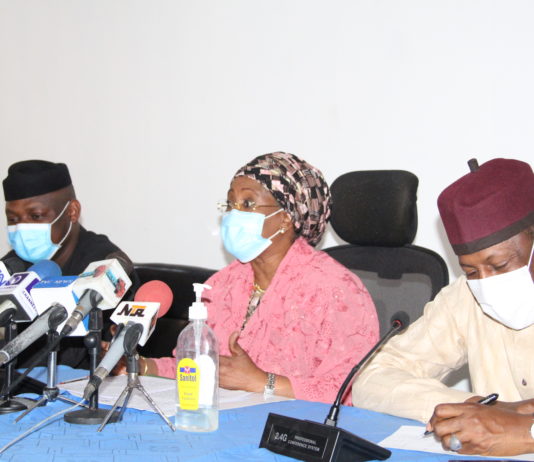L-R: Special Assistant to the President on MSMEs, Mr. Tola Johnson; Minister of State for Industry, Trade and Investment, Amb. Mariam Yalwaji Katagum and Director- General, Small and Medium Enterprises Development Agency of Nigeria, (SMEDAN), Dr. Dikko Raddah during a Press Briefing on MSMEs Survival Fund in Abuja.